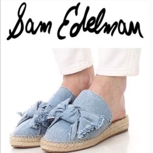 SAM EDELMAN LYNDA BLUE DENIM WOMENS SHOE FLAT MULE SANDALS WITH BOW SIZE 9